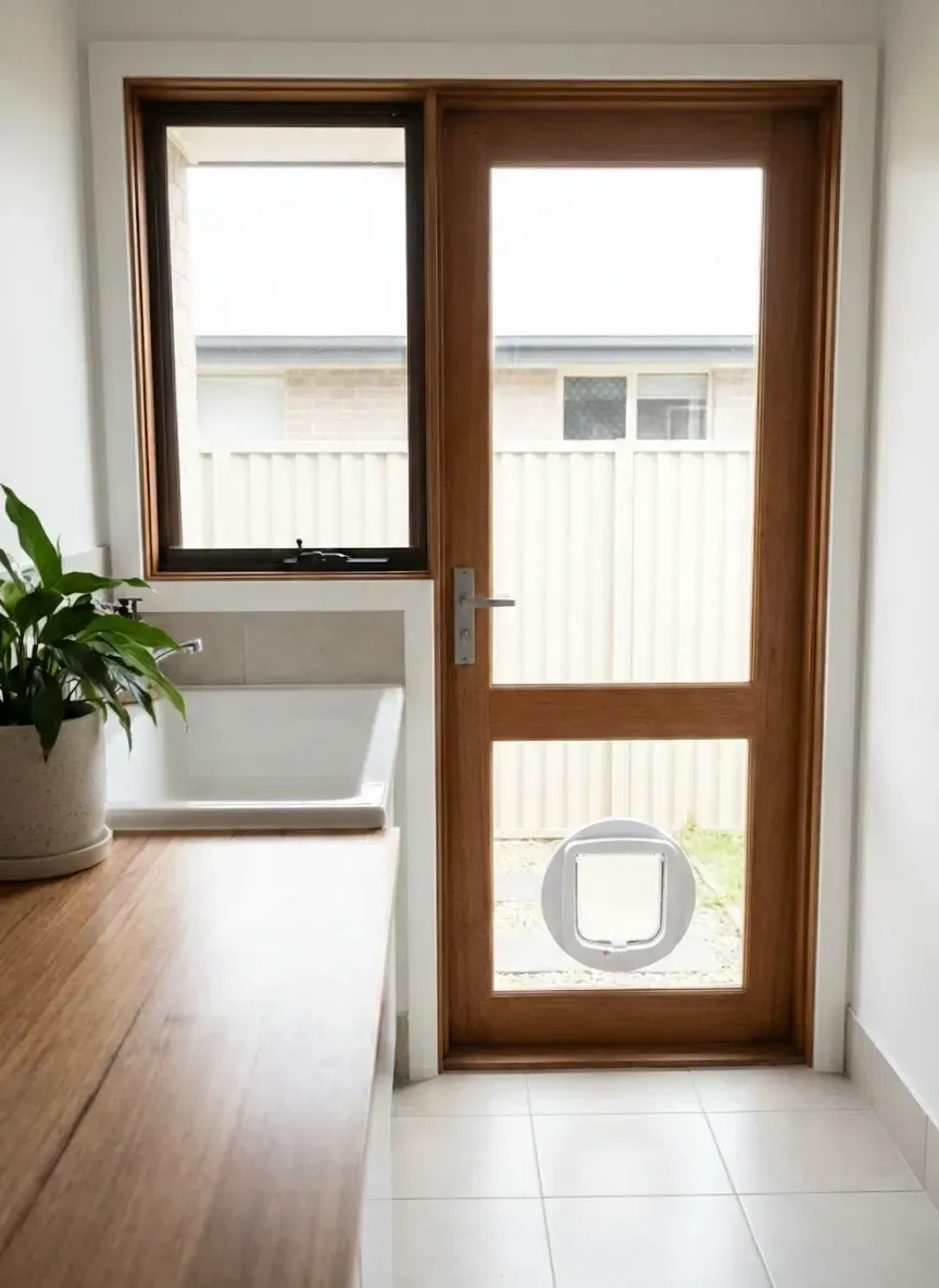Pet door installed into glass sliding door Hamilton providing easy indoor outdoor access without compromising design