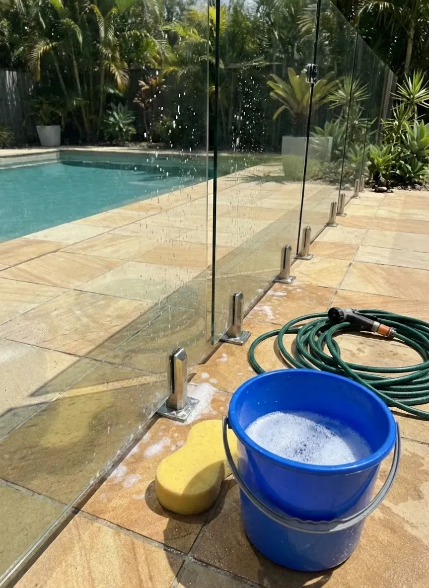How to clean glass pool fences Hamilton with warm soapy water and microfibre cloth to remove salt and chlorine residue